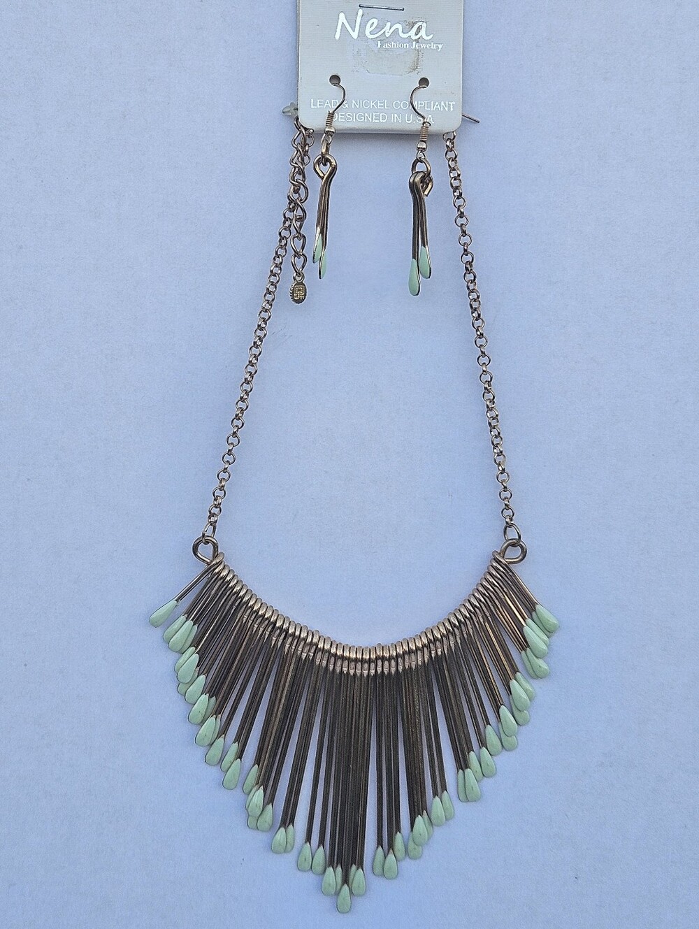 Nena Fashion Jewelry Mint Green & Bronze Matchstick Statement Necklace Set NWT